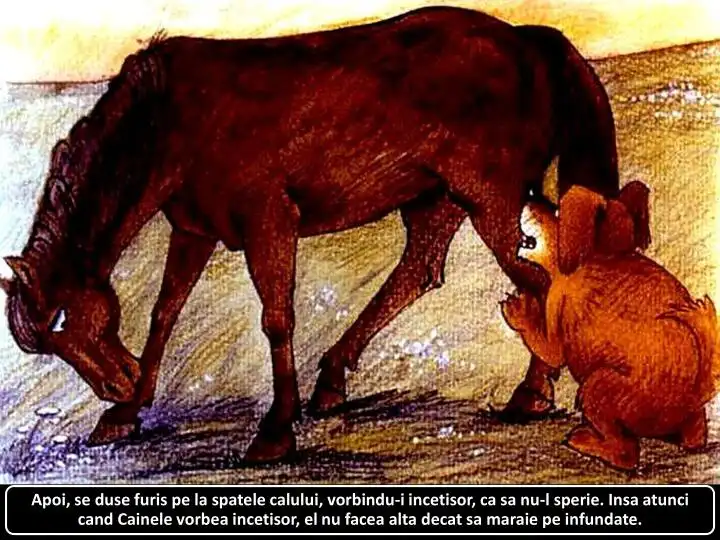 Ilustrație cu un cal și un câine care vorbește încet. Text explicativ despre interacțiunea dintre cele două animale.