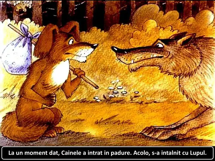 Ilustrație cu un câine și un lup într-o pădure, cu un fundal de natură.