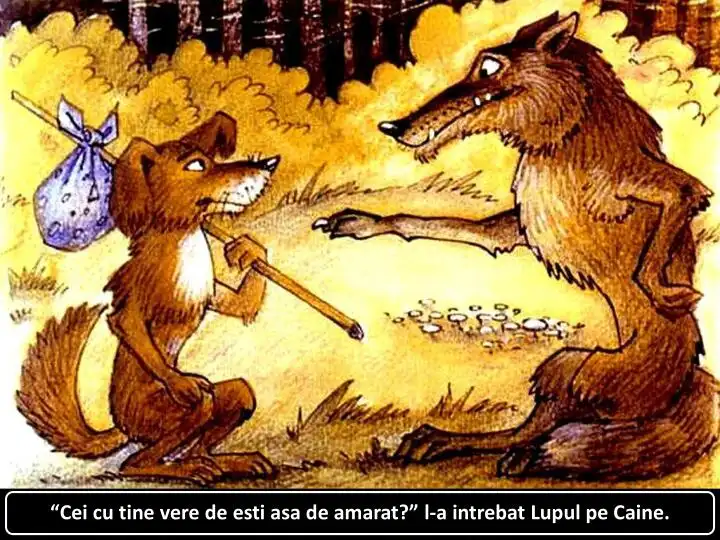 Ilustratie cu un lup si un caine care discuta intr-o padure.