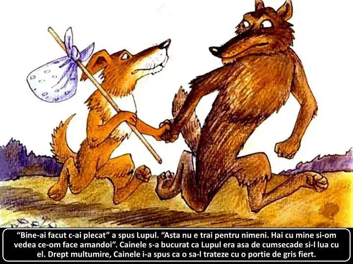 Ilustratie cu un lup si un caine, discutand intr-un peisaj de padure.