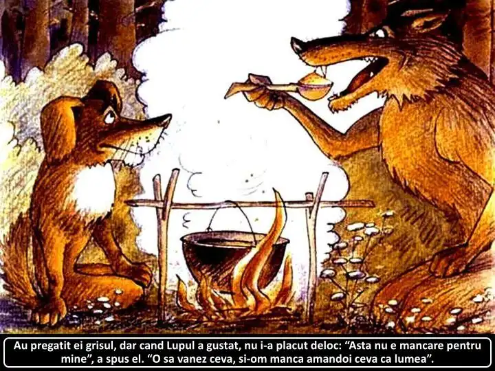 Ilustrație cu un câine și un lup stând lângă un foc, discutând despre mâncare.