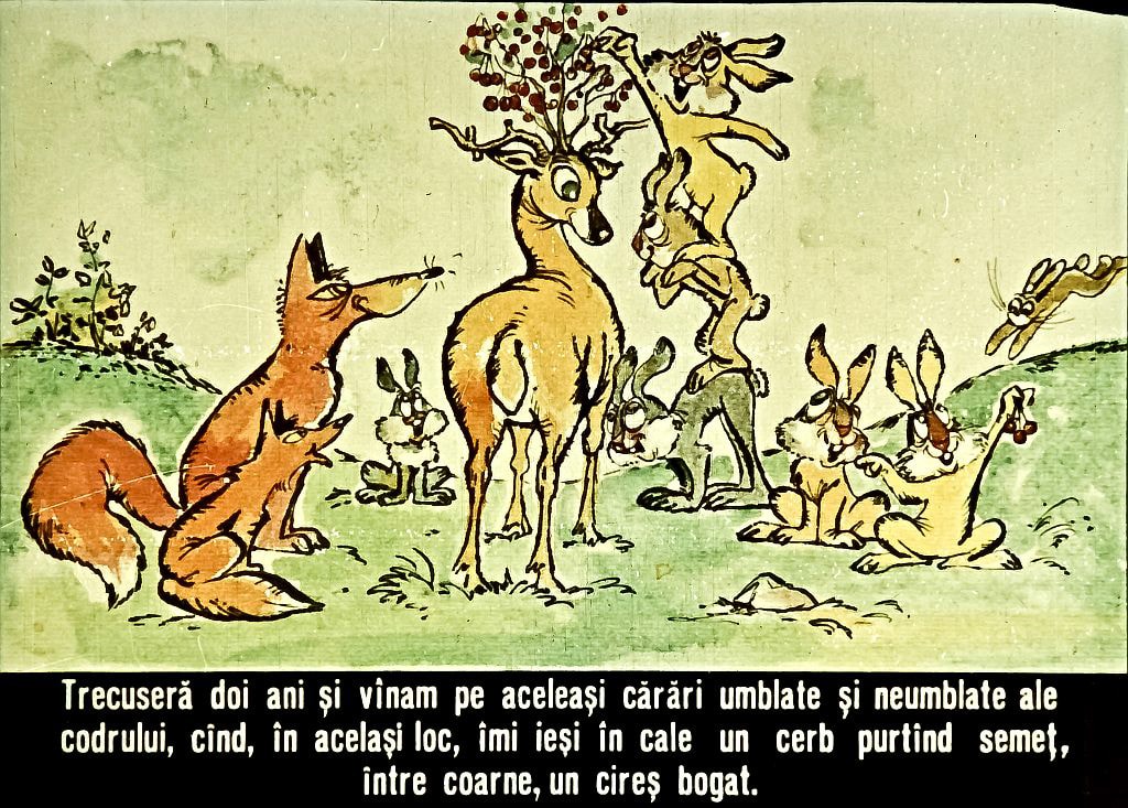 Ilustrație cu un cerb purtând un cireș bogat între coarne, împreună cu vulpi și iepuri în natură.