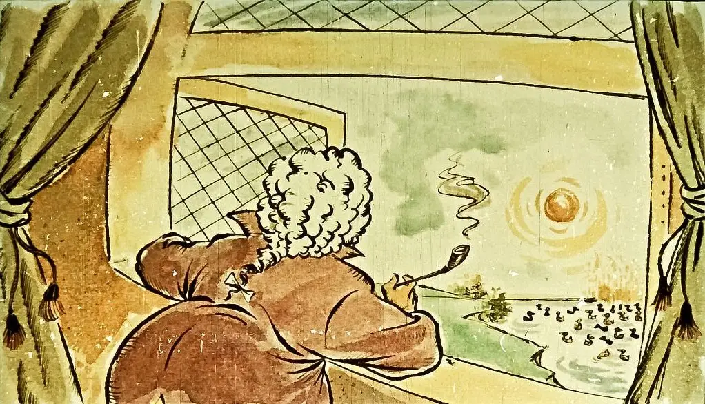 Ilustrație desenată cu o persoană care privește pe fereastră la un peisaj cu soare și rațe sălbatice.