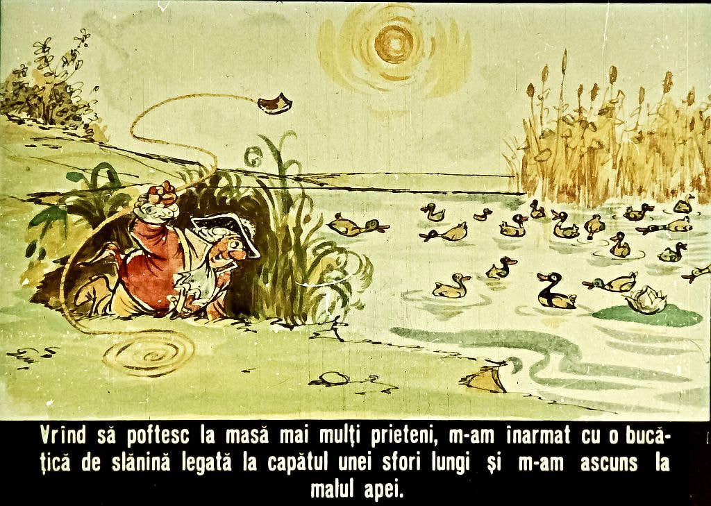 Ilustrație cu personaje stând lângă apă, înconjurate de rațe, cu text descriptiv în partea de jos.