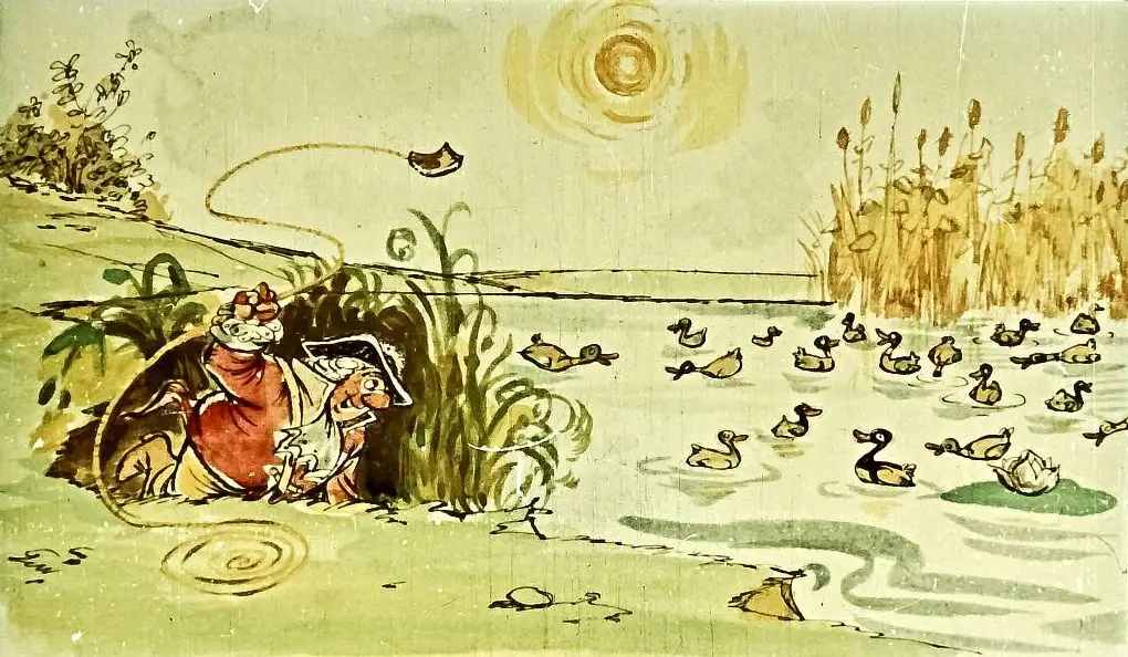 Ilustrație cu personaje stând lângă apă, înconjurate de rațe, cu text descriptiv în partea de jos.