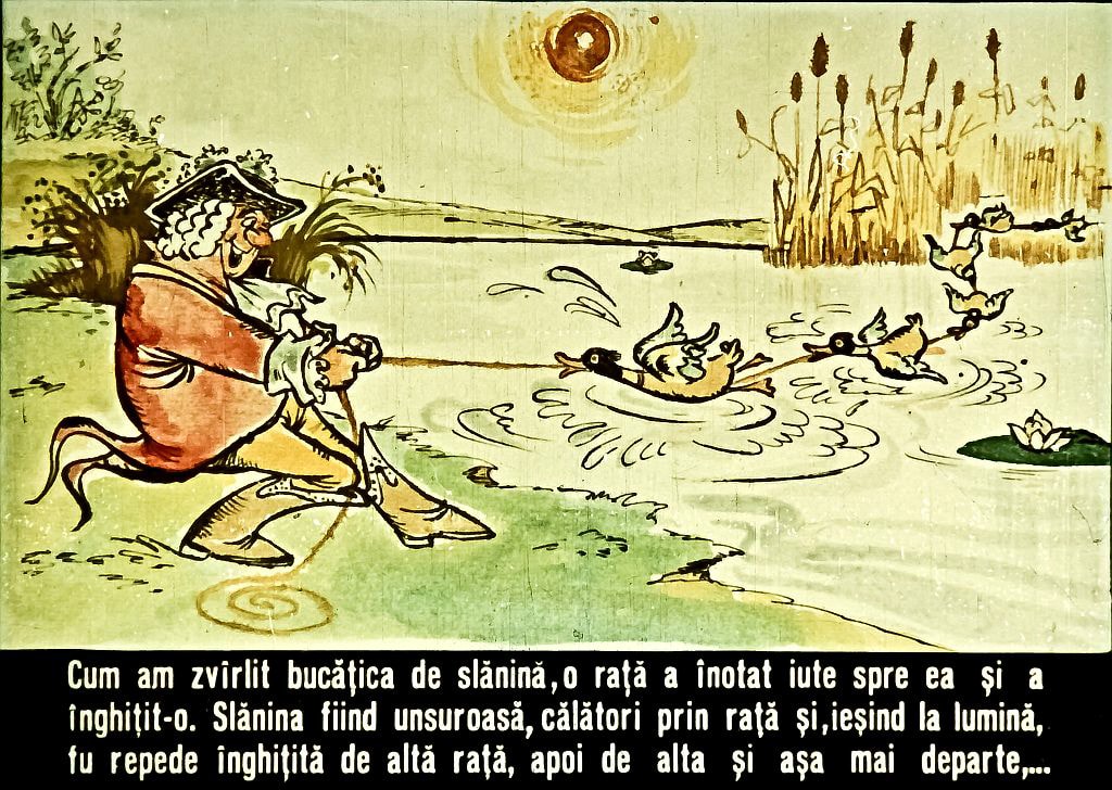 Ilustrație cu un bărbat care aruncă o bucățică de slănină în apă, iar rațele înoată spre ea.