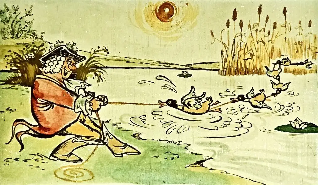 Ilustrație cu un bărbat care aruncă o bucățică de slănină în apă, iar rațele înoată spre ea.