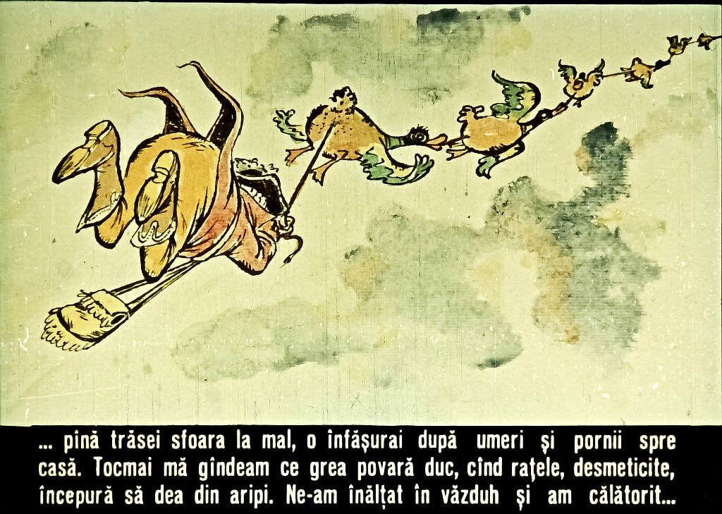 Ilustrație colorată reprezentând un personaj zburând cu ajutorul rațelor, în fundal un peisaj abstract.