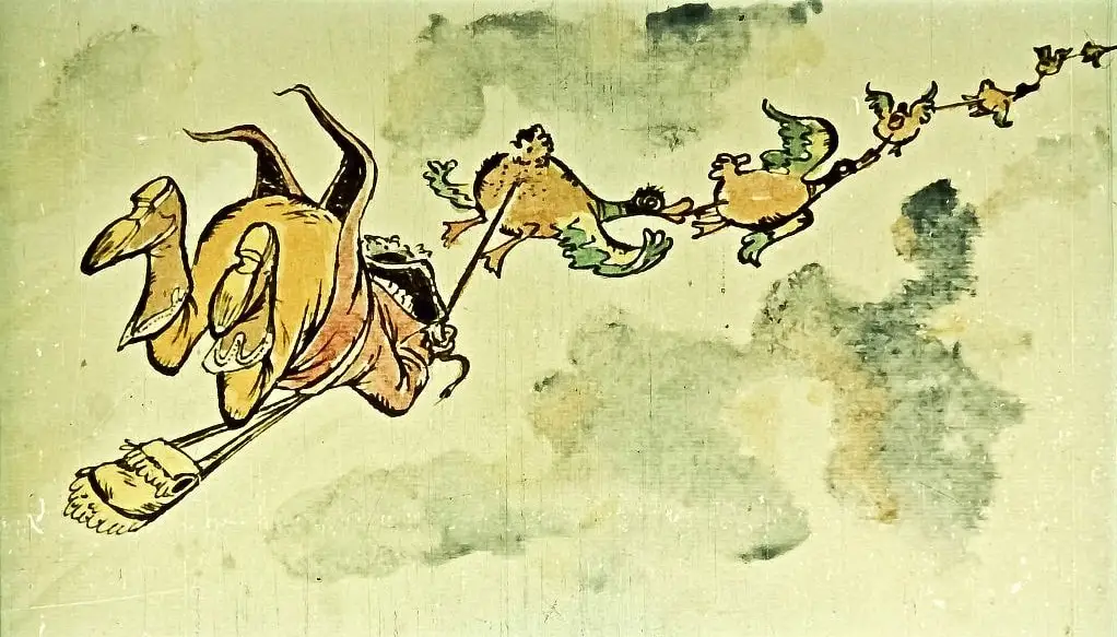 Ilustrație colorată reprezentând un personaj zburând cu ajutorul rațelor, în fundal un peisaj abstract.