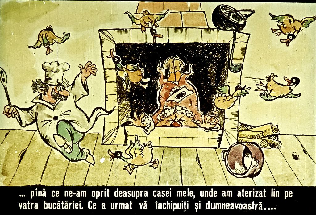 Un desen animat care ilustrează un bucătar în fața unui șemineu, cu păsări zburând în jur.