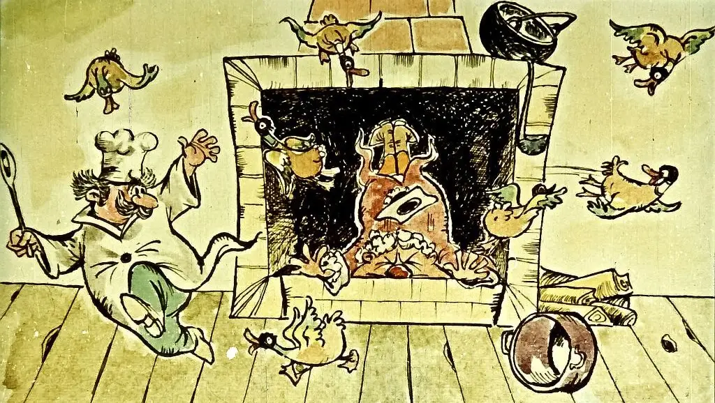 Un desen animat care ilustrează un bucătar în fața unui șemineu, cu păsări zburând în jur.