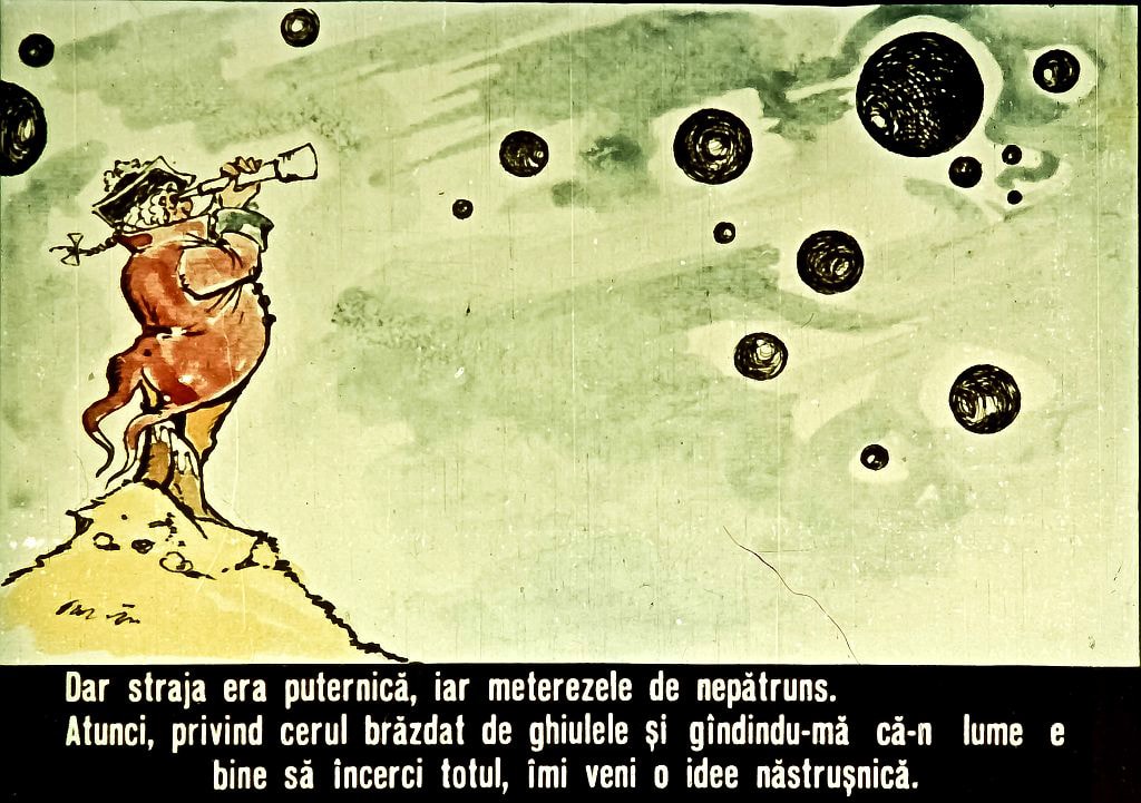 Ilustrație cu un om pe un vârf de munte, privind printr-un telescop către un cer plin de stele și planete, cu un text sugestiv despre puterea imaginației.