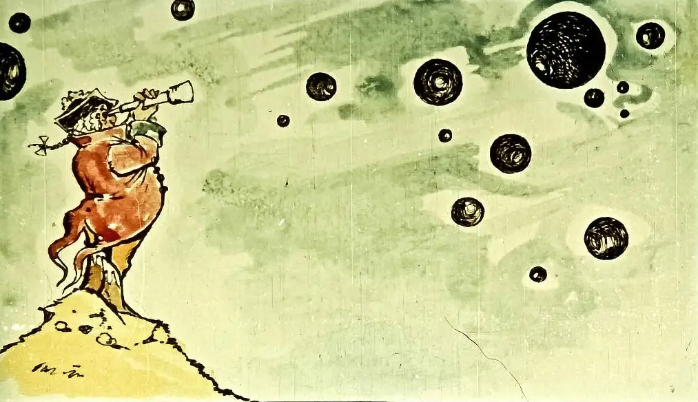 Ilustrație cu un om pe un vârf de munte, privind printr-un telescop către un cer plin de stele și planete, cu un text sugestiv despre puterea imaginației.