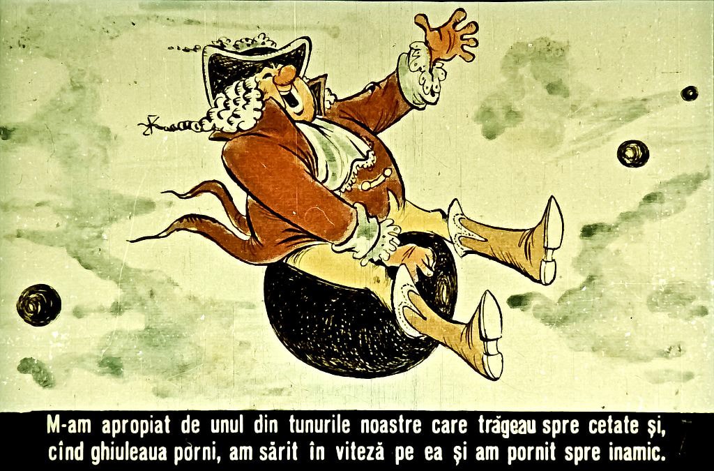 Ilustrație colorată cu un om îmbrăcat în costume istorice sărind pe o ghiulea, cu fundal de nori și bile negre.