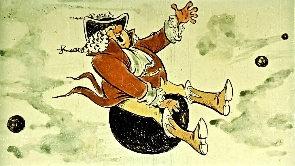 Ilustrație colorată cu un om îmbrăcat în costume istorice sărind pe o ghiulea, cu fundal de nori și bile negre.