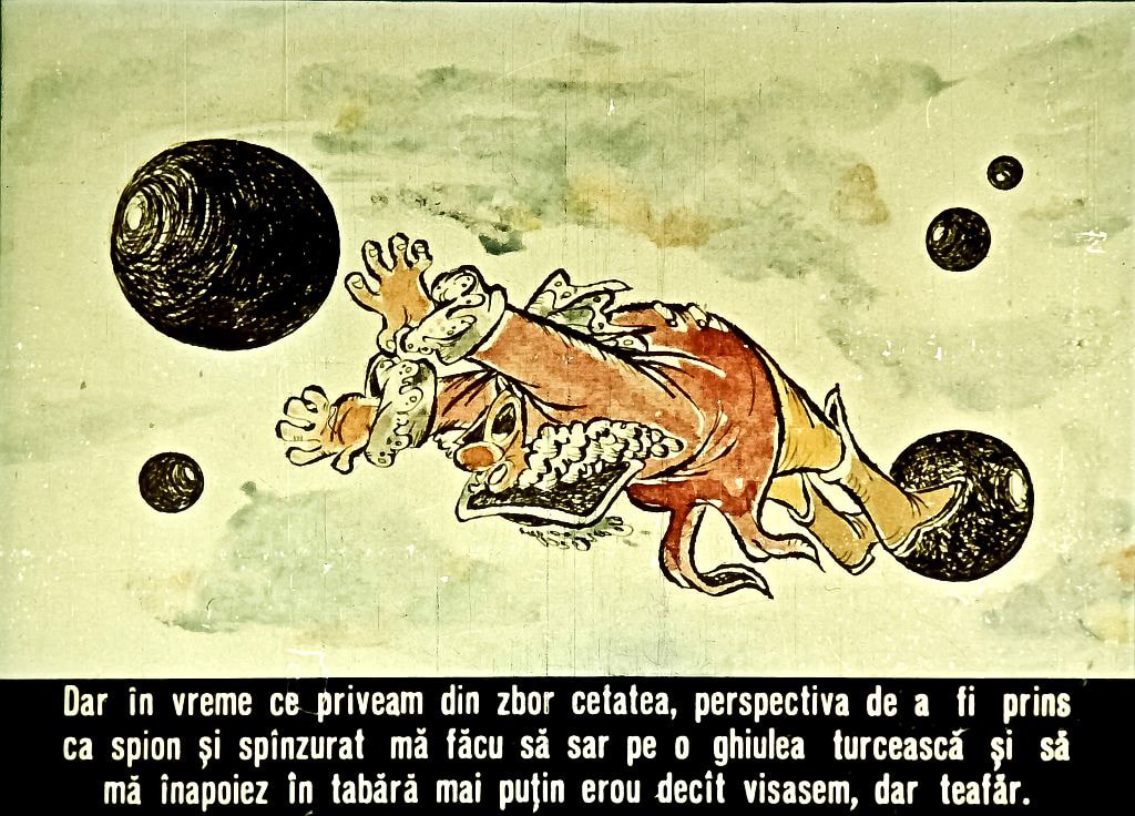 Ilustrație colorată cu un personaj care zboară prin spațiu printre sfere negre, cu text descriptiv în partea de jos.