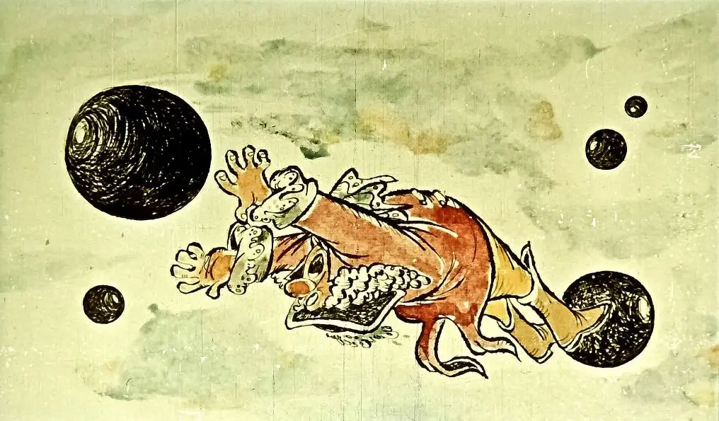 Ilustrație colorată cu un personaj care zboară prin spațiu printre sfere negre, cu text descriptiv în partea de jos.