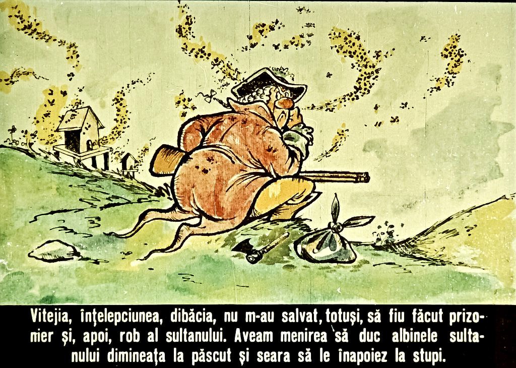 Text scris pe un fundal ilustrat, care conține o poveste despre curaj, înțelepciune și prizonierat.