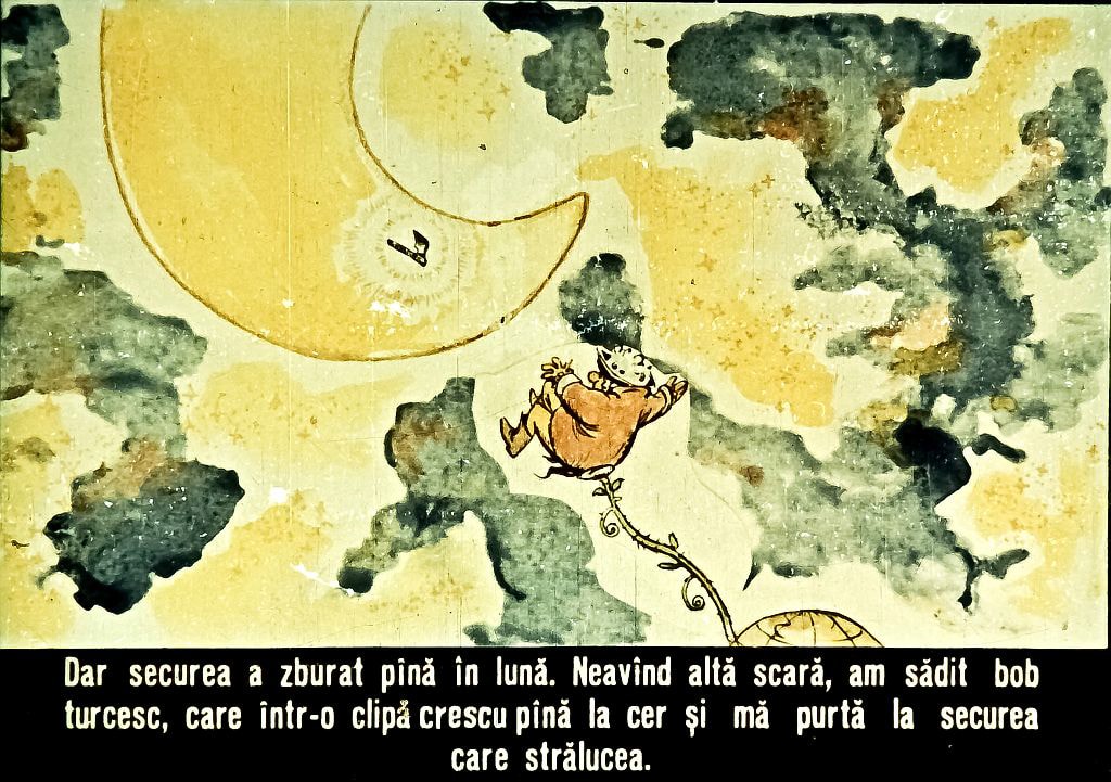 O ilustrație abstractă cu un personaj care zboară spre lună, ținând o secure și înconjurat de nori.
