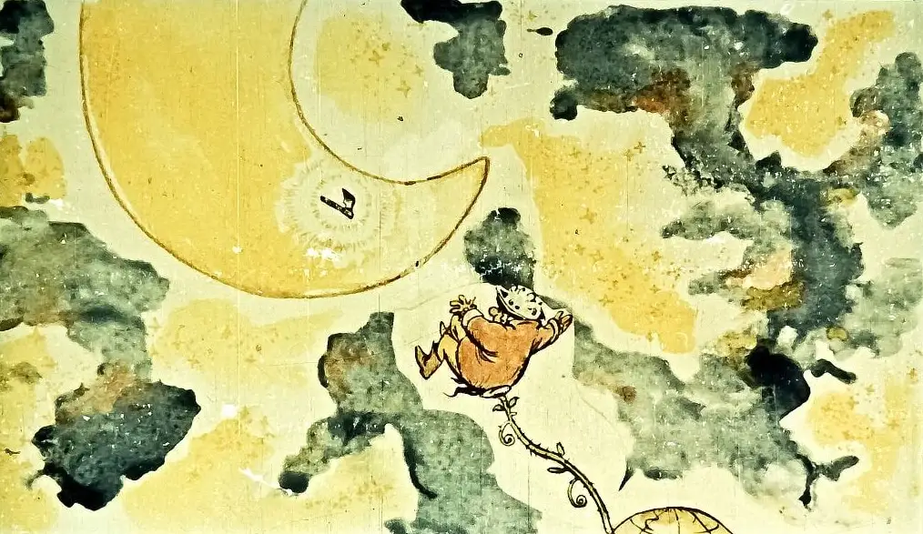 O ilustrație abstractă cu un personaj care zboară spre lună, ținând o secure și înconjurat de nori.