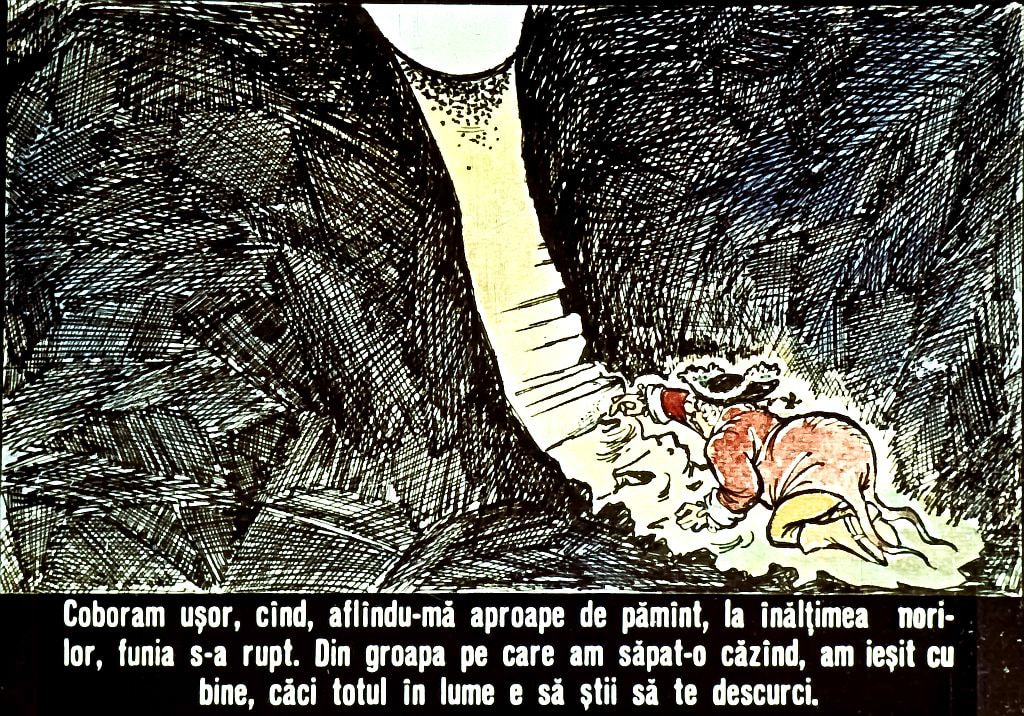 Text manuscris descriind o experiență de cădere și ieșire dintr-o groapă.