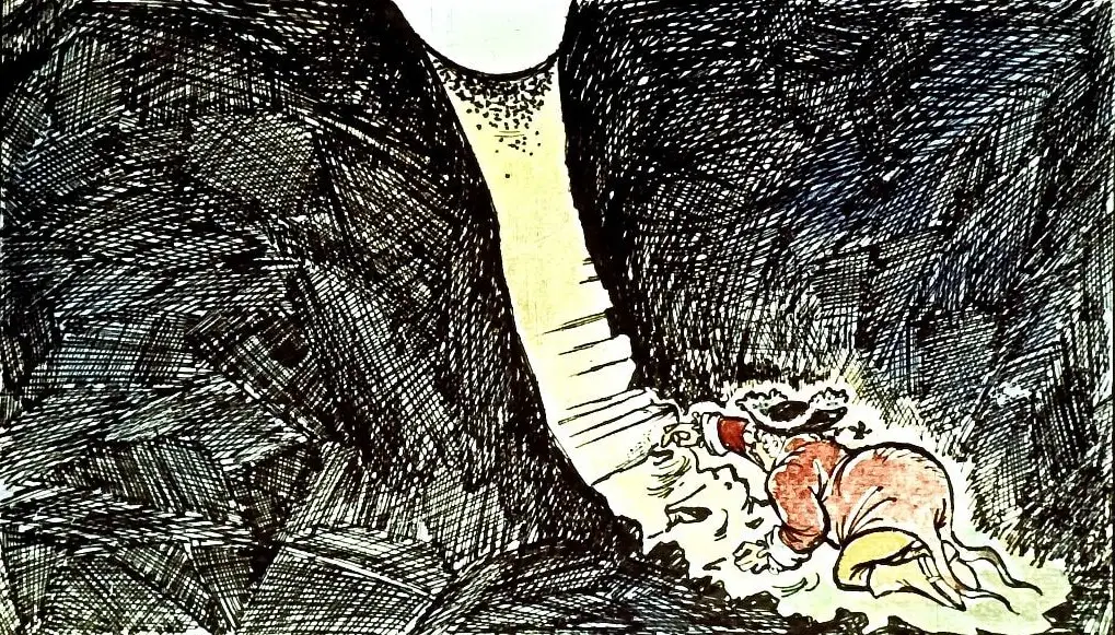 Text manuscris descriind o experiență de cădere și ieșire dintr-o groapă.