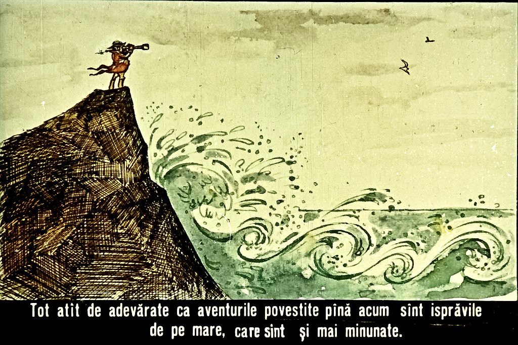 Ilustrație a unui personaj pe o stâncă, suflând într-un instrument, în fața unor valuri mari.