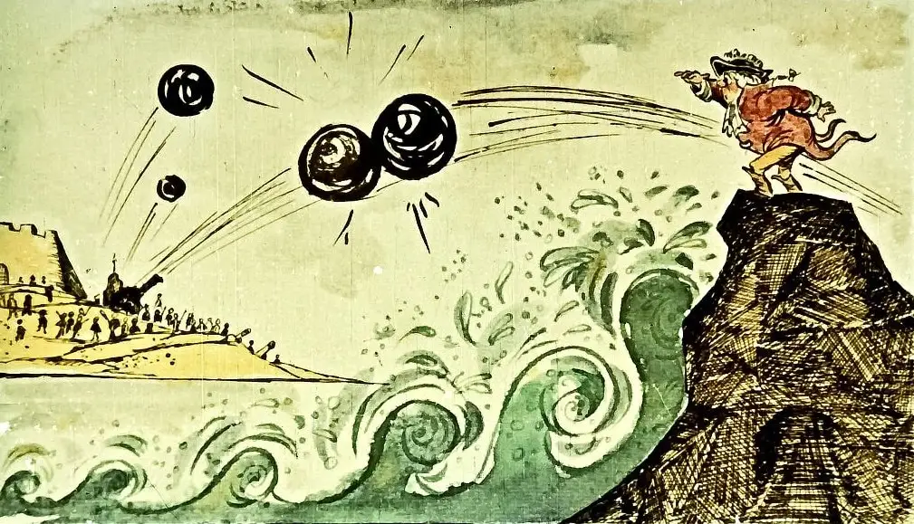 Imagine ilustrativă a unei scene istorice cu un peisaj maritim și un personaj care observă dușmanii.