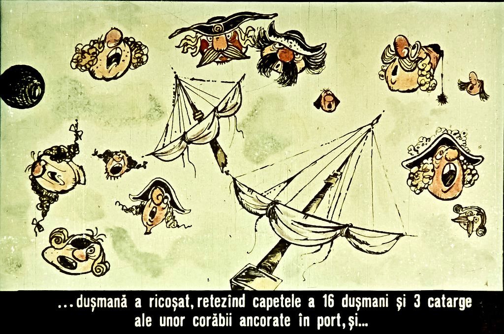 Ilustrație colorată cu personaje și bărci, prezentând un peisaj maritim și personaje pirat.