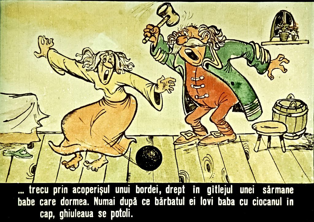 O scenă animată cu o babă speriată și un bărbat cu un ciocan, amândoi în interiorul unei camere, pe podea sunt detalii de tipice ale unei gospodării.