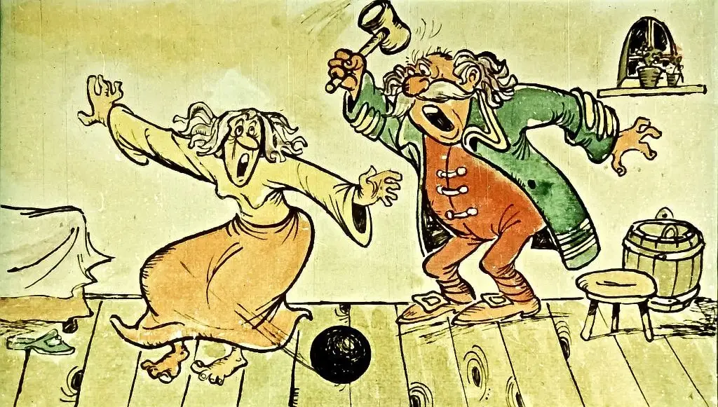 O scenă animată cu o babă speriată și un bărbat cu un ciocan, amândoi în interiorul unei camere, pe podea sunt detalii de tipice ale unei gospodării.