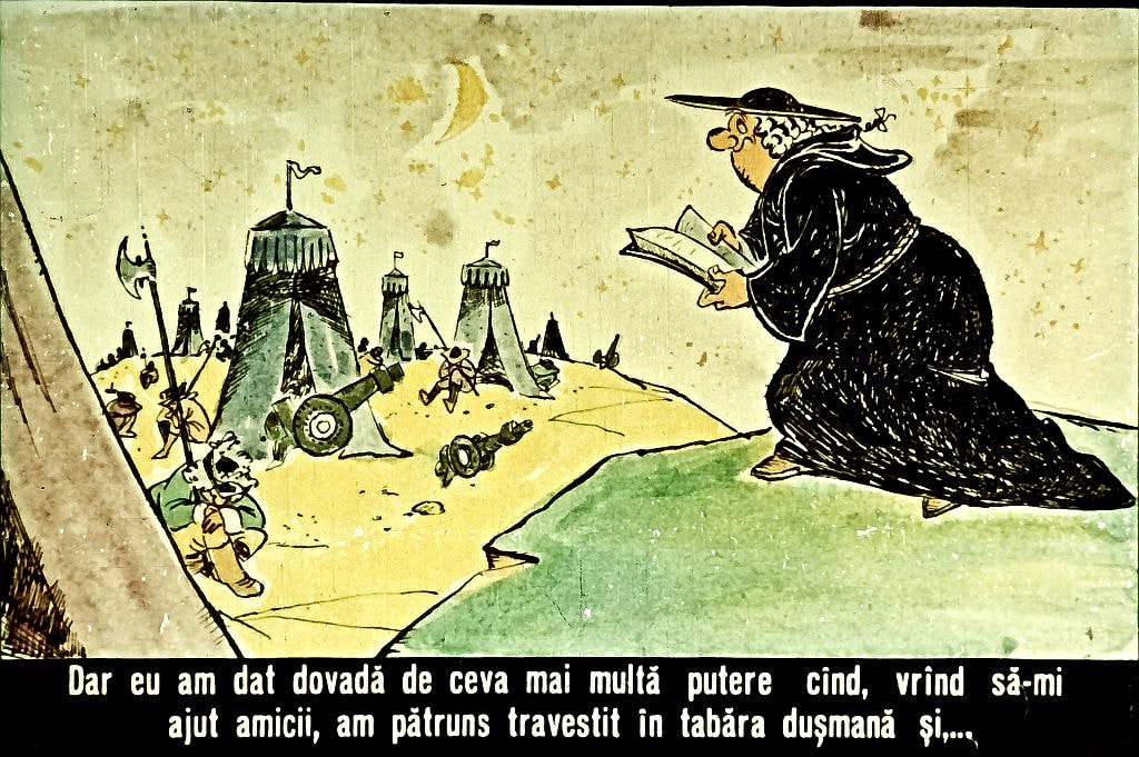Imagine ilustrativă cu un peisaj de tabără, o figură care citește o carte, alături de soldați și structuri de corturi.