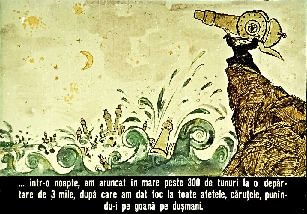 Imagine cu un personaj care aruncă tunuri în mare, având un fundal cu valuri și un cer cu luna. Textul de sub imagine descrie o acțiune nocturnă.