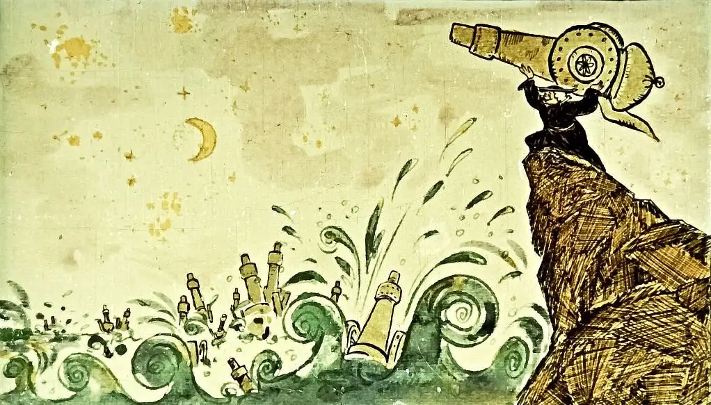 Imagine cu un personaj care aruncă tunuri în mare, având un fundal cu valuri și un cer cu luna. Textul de sub imagine descrie o acțiune nocturnă.