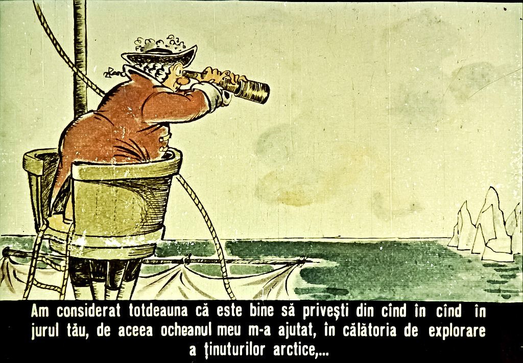 Ilustrație cu un marinar folosind un telescop, reflectând ideea de a explora și observa natura în jurul său.
