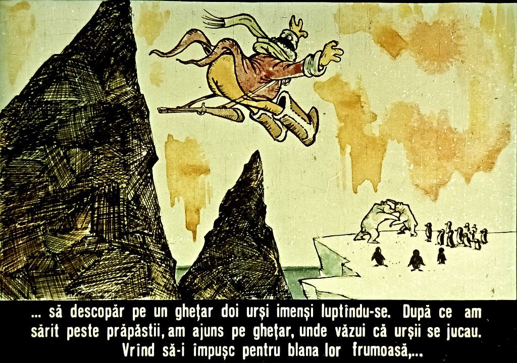 Ilustrație cu un personaj care observă doi urși pe un ghetar, în timp ce se luptă, după ce a sărit peste o prăpastie.