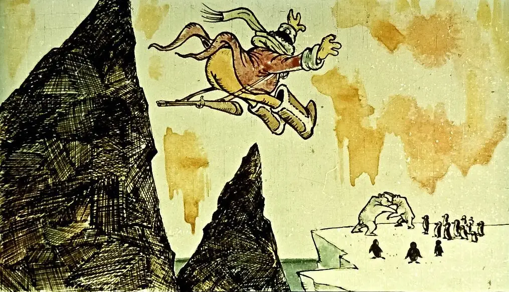 Ilustrație cu un personaj care observă doi urși pe un ghetar, în timp ce se luptă, după ce a sărit peste o prăpastie.