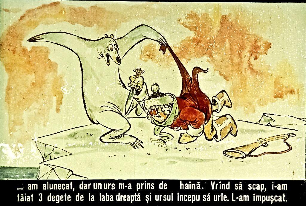 O scenă dintr-o poveste, cu un urs și un om, în care omul încearcă să se apere.