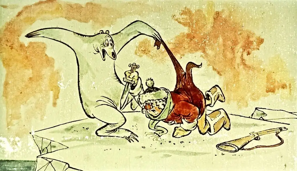 O scenă dintr-o poveste, cu un urs și un om, în care omul încearcă să se apere.