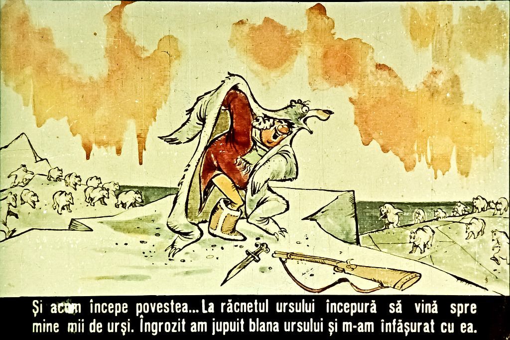 Ilustrație cu un personaj care poartă o blană de urs, într-un peisaj cu mii de urși și un context de aventură.