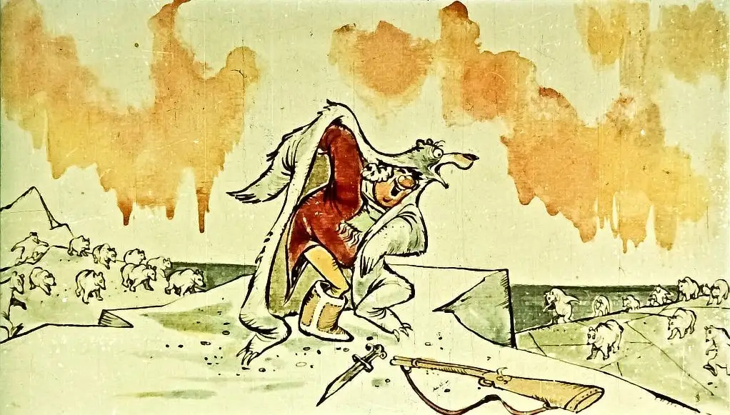 Ilustrație cu un personaj care poartă o blană de urs, într-un peisaj cu mii de urși și un context de aventură.