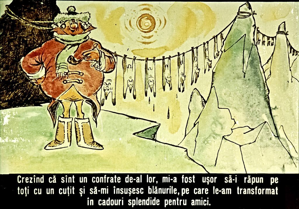 Imagine ilustrativă cu un personaj colorat pe fundal de iarnă, explicând o poveste despre confuzie și transformarea blănurilor în cadouri.