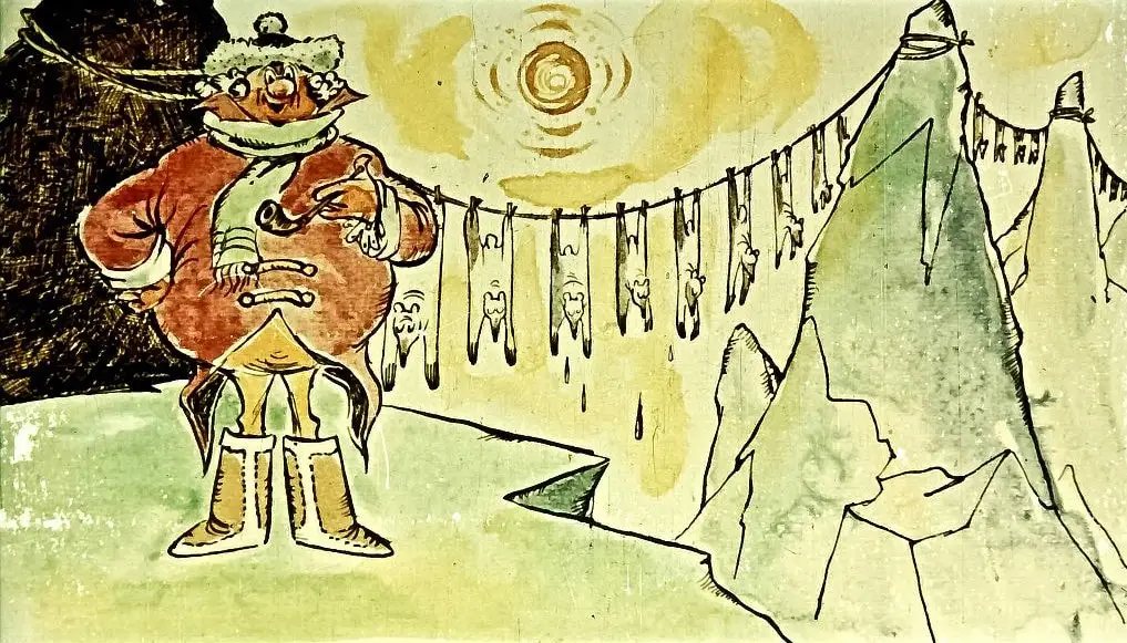 Imagine ilustrativă cu un personaj colorat pe fundal de iarnă, explicând o poveste despre confuzie și transformarea blănurilor în cadouri.