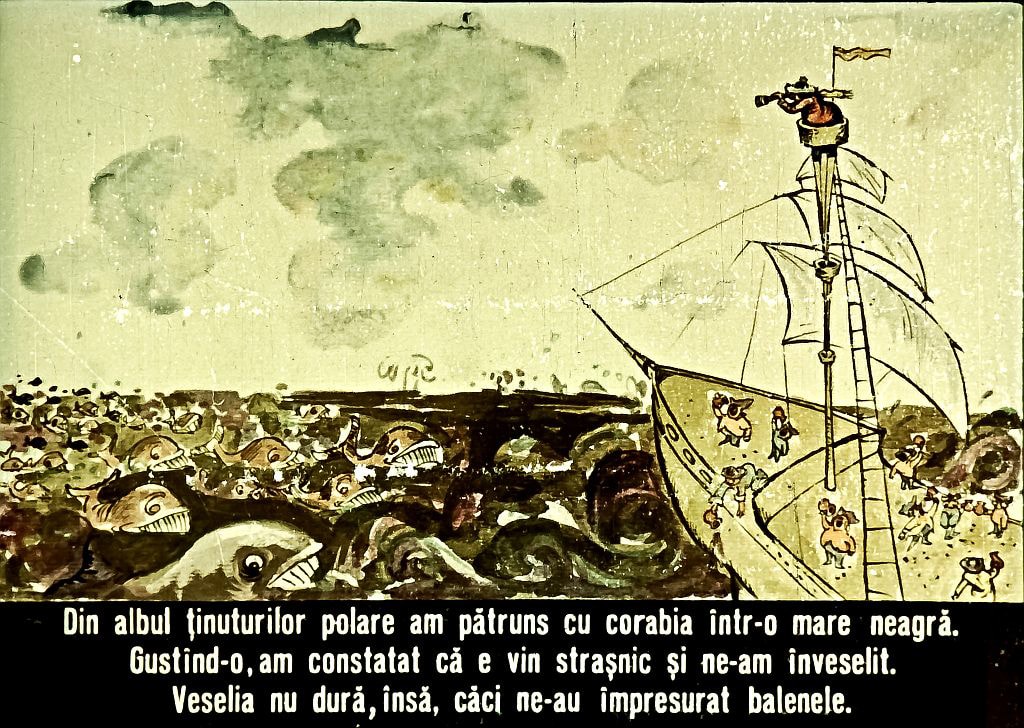 Ilustrare cu o corabie pe o mare agitată, înconjurată de pești, cu text explicativ despre o experiență în ținuturi polare.