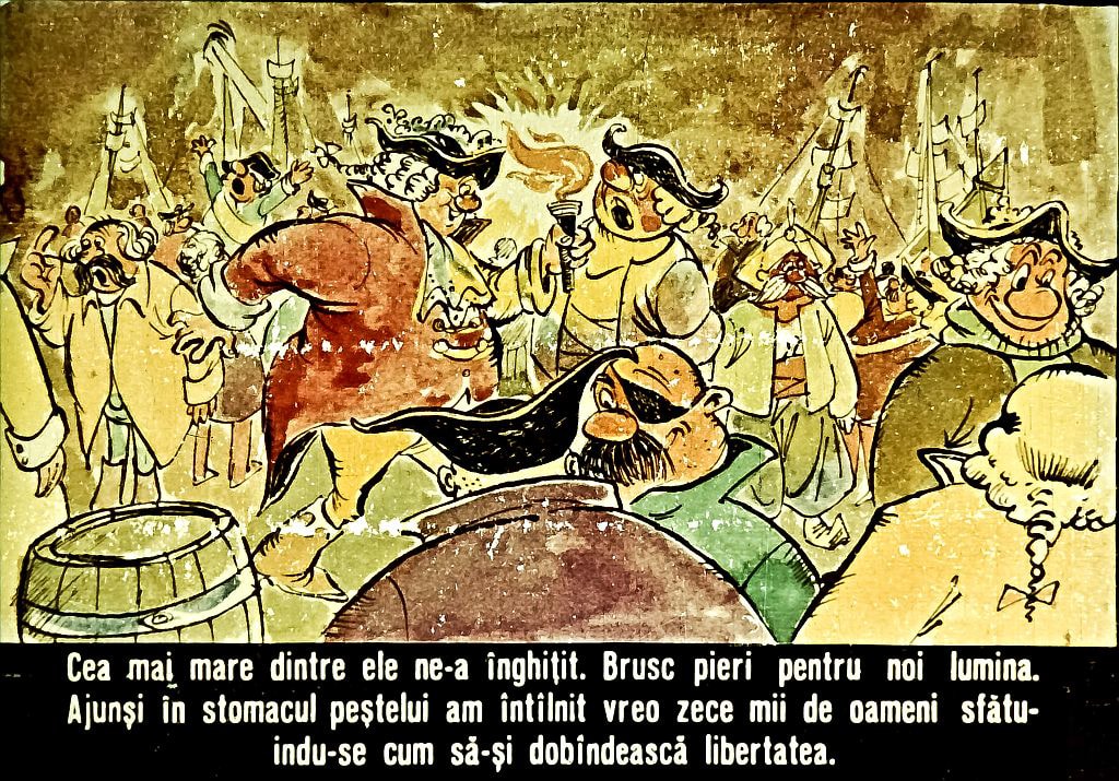 Ilustrație cu personaje diverse care discută într-un mediu animat și colorat, reprezentând o poveste despre lupta pentru libertate.