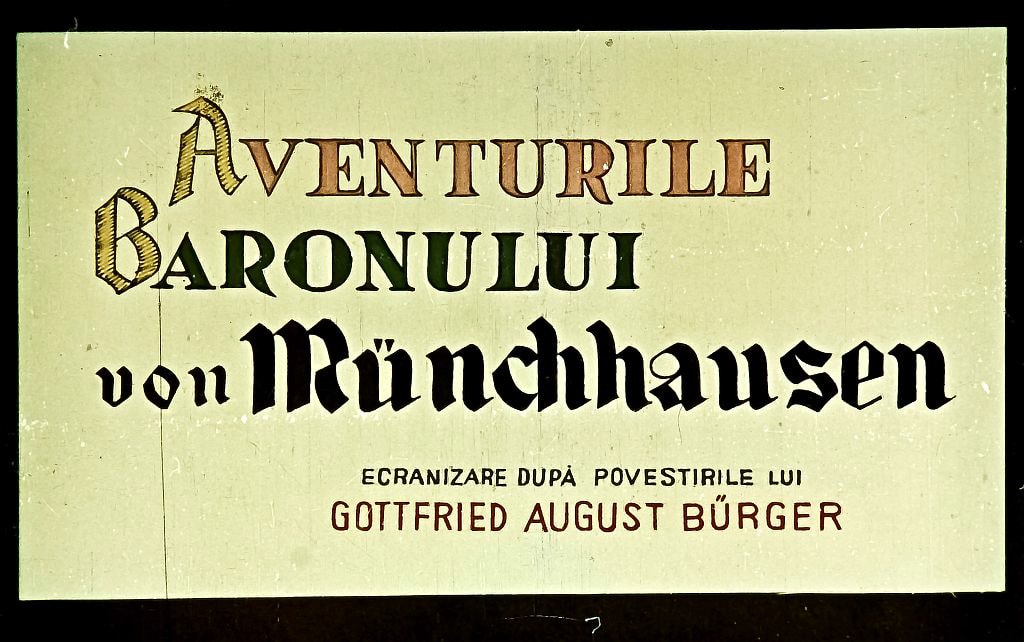 Poster al filmului 'Aventurile Baronului von Münchhausen', cu titlu și detalii de producție.