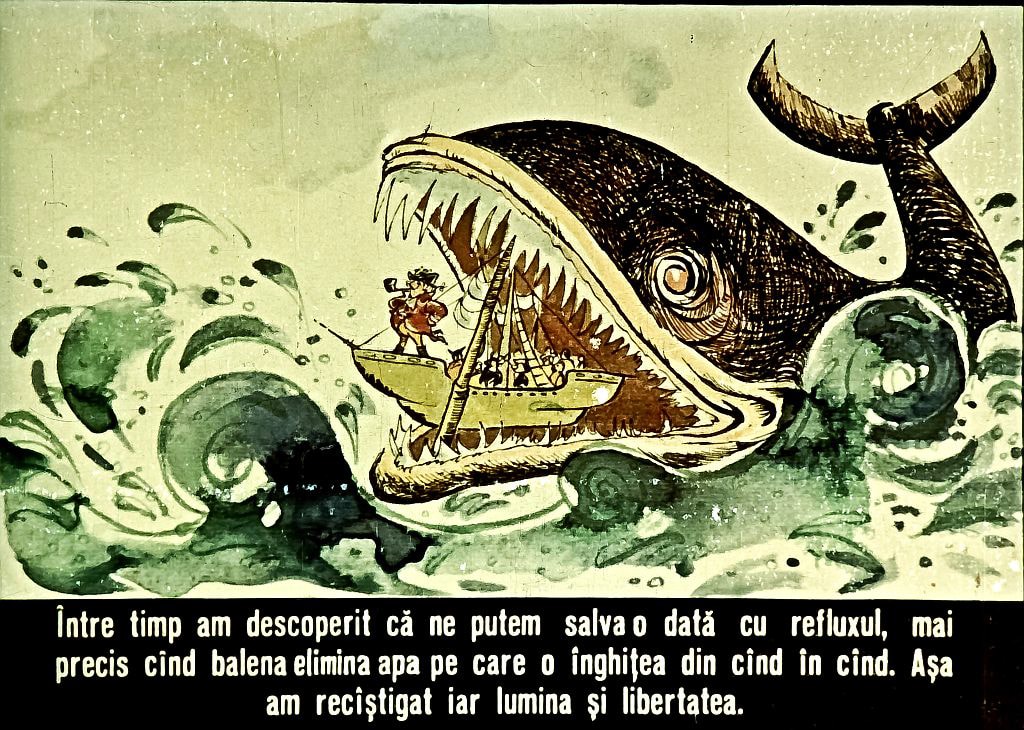 Ilustrație cu o balenă mare și un barcă pe ape tumultoase, cu un text explicativ în partea de jos.