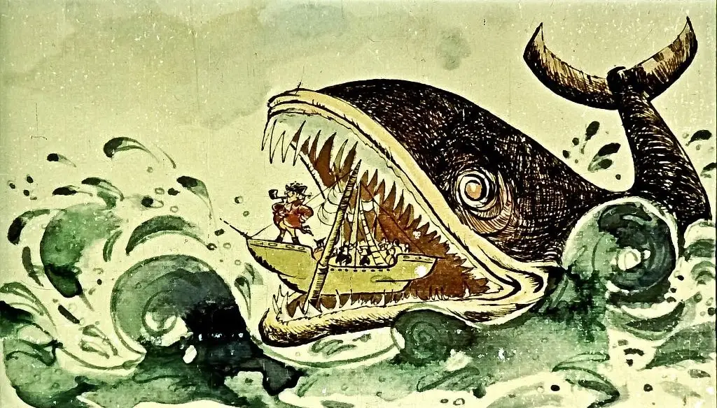 Ilustrație cu o balenă mare și un barcă pe ape tumultoase, cu un text explicativ în partea de jos.