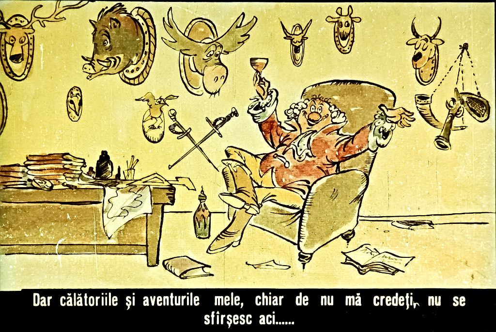 O ilustrație cu un personaj care stă pe un scaun, având în jur diverse trofee și obiecte de decor.