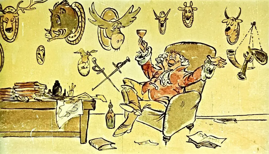 O ilustrație cu un personaj care stă pe un scaun, având în jur diverse trofee și obiecte de decor.